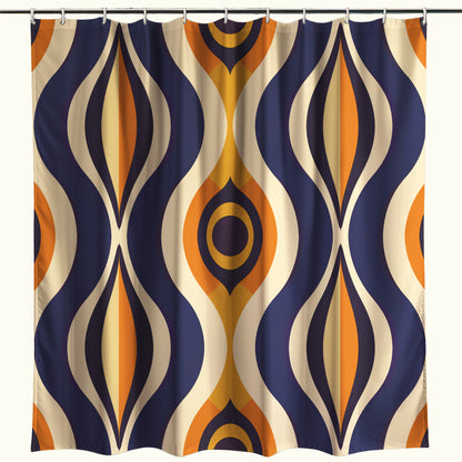 Psychedelic shower curtain with a kaleidoscopic pattern of orange, yellow, and green tones, in a flowing, organic design, showcased in a home bathroom