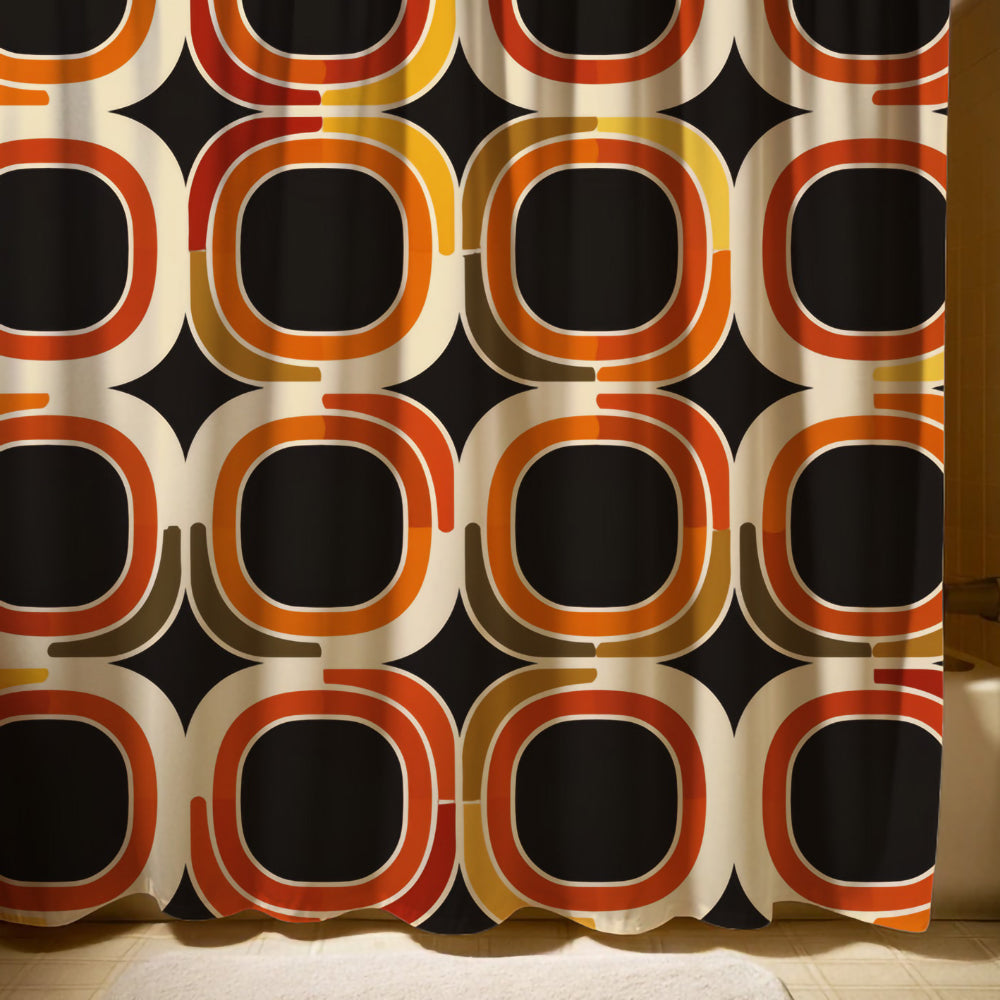 Retro-inspired shower curtain with a striking pattern of overlapping circles in red, orange, and cream, infusing the bathroom space with a lively, geometric aesthetic.