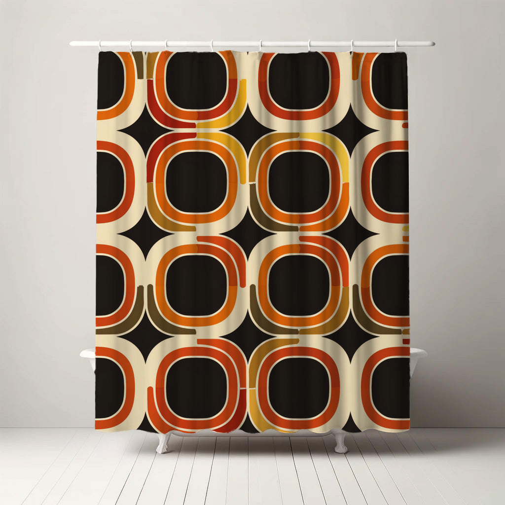 A chic shower curtain with a geometric pattern of large, interlocking circles in shades of red, orange, and cream, adding a retro touch to modern bathroom decor.