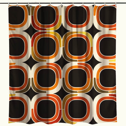 Vibrant shower curtain showcasing a bold, retro circle pattern in a warm color scheme, perfect for bringing life to a contemporary bathroom design.