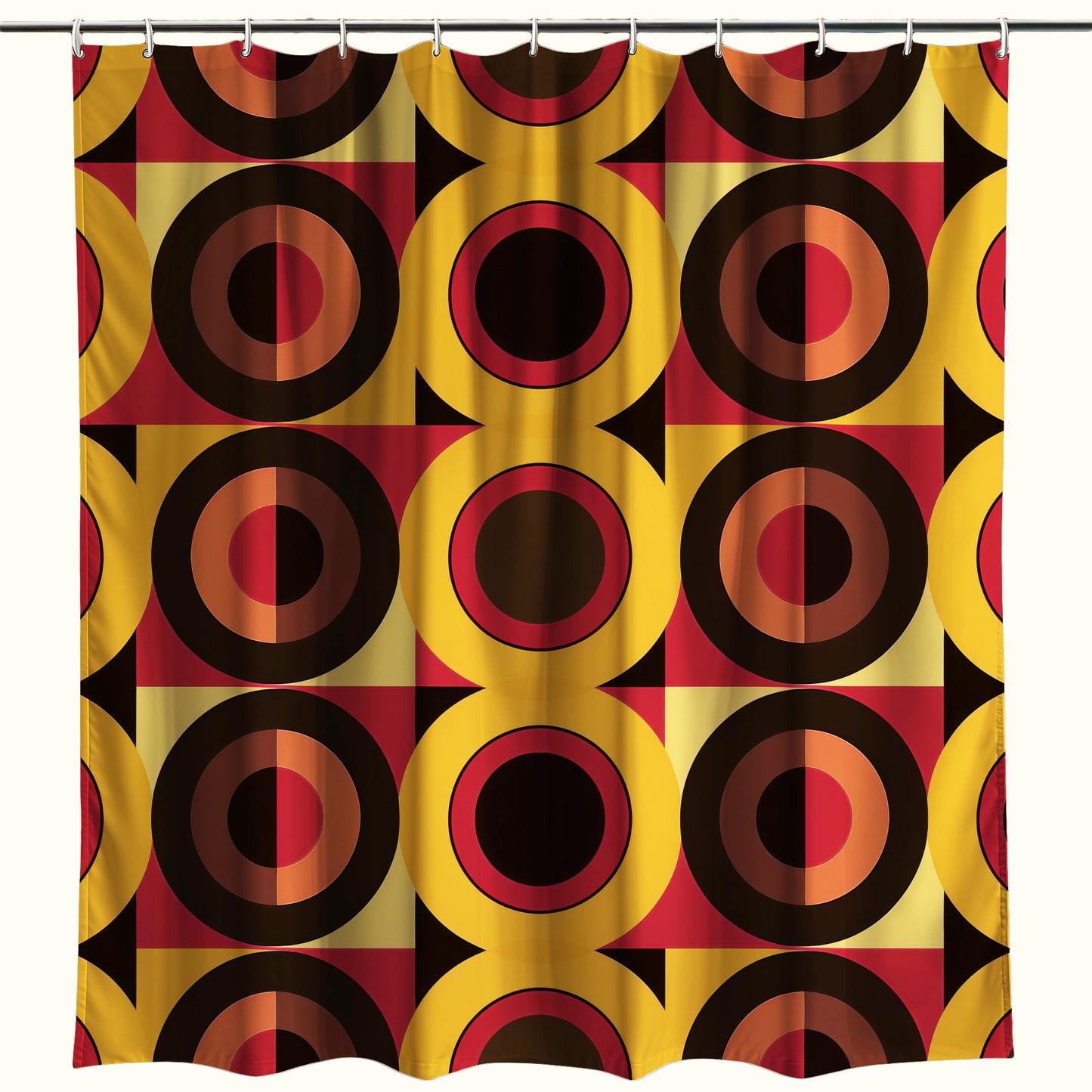 Vibrant shower curtain showcasing a 70s-inspired pattern with overlapping geometric shapes in warm autumnal colors, displayed against a white backdrop for a striking contrast