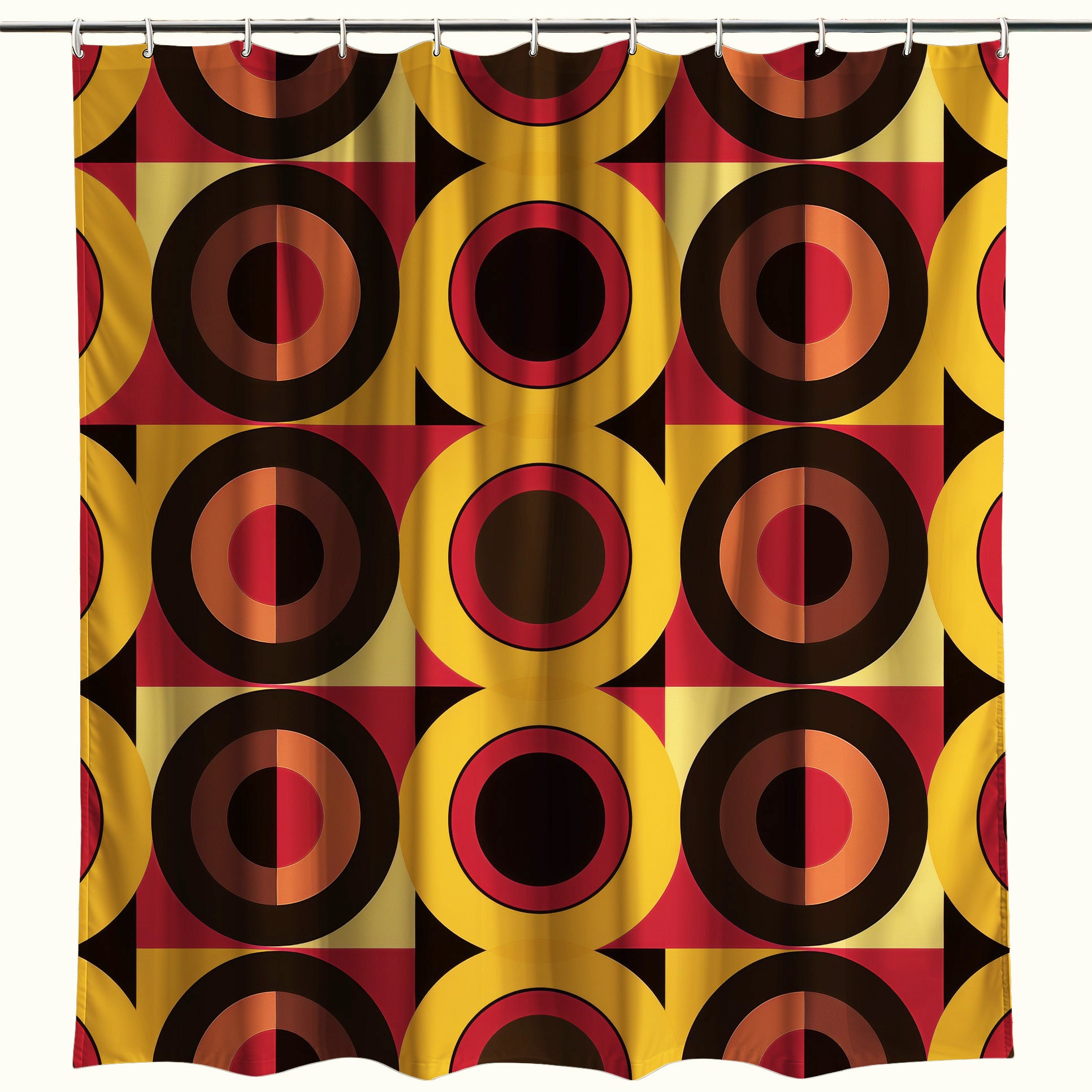 Vibrant shower curtain showcasing a 70s-inspired pattern with overlapping geometric shapes in warm autumnal colors, displayed against a white backdrop for a striking contrast