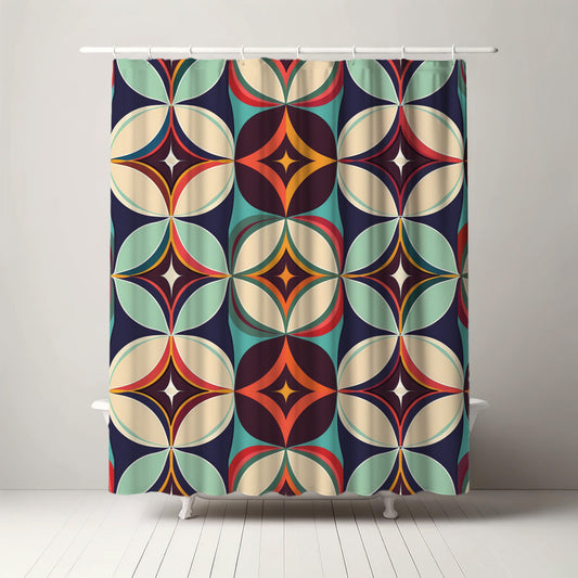 Retro-inspired shower curtain showcasing a symmetrical pattern of floral and geometric shapes in teal, burgundy, and beige, blending vintage charm with modern elegance.