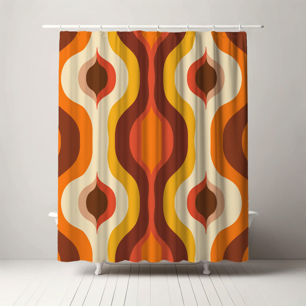 Retro-style shower curtain with a dynamic pattern of organic shapes in warm autumnal tones of orange, red, and cream, ideal for adding a splash of 70s vibe to modern bathrooms