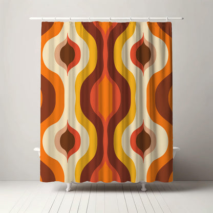 Retro-style shower curtain with a dynamic pattern of organic shapes in warm autumnal tones of orange, red, and cream, ideal for adding a splash of 70s vibe to modern bathrooms