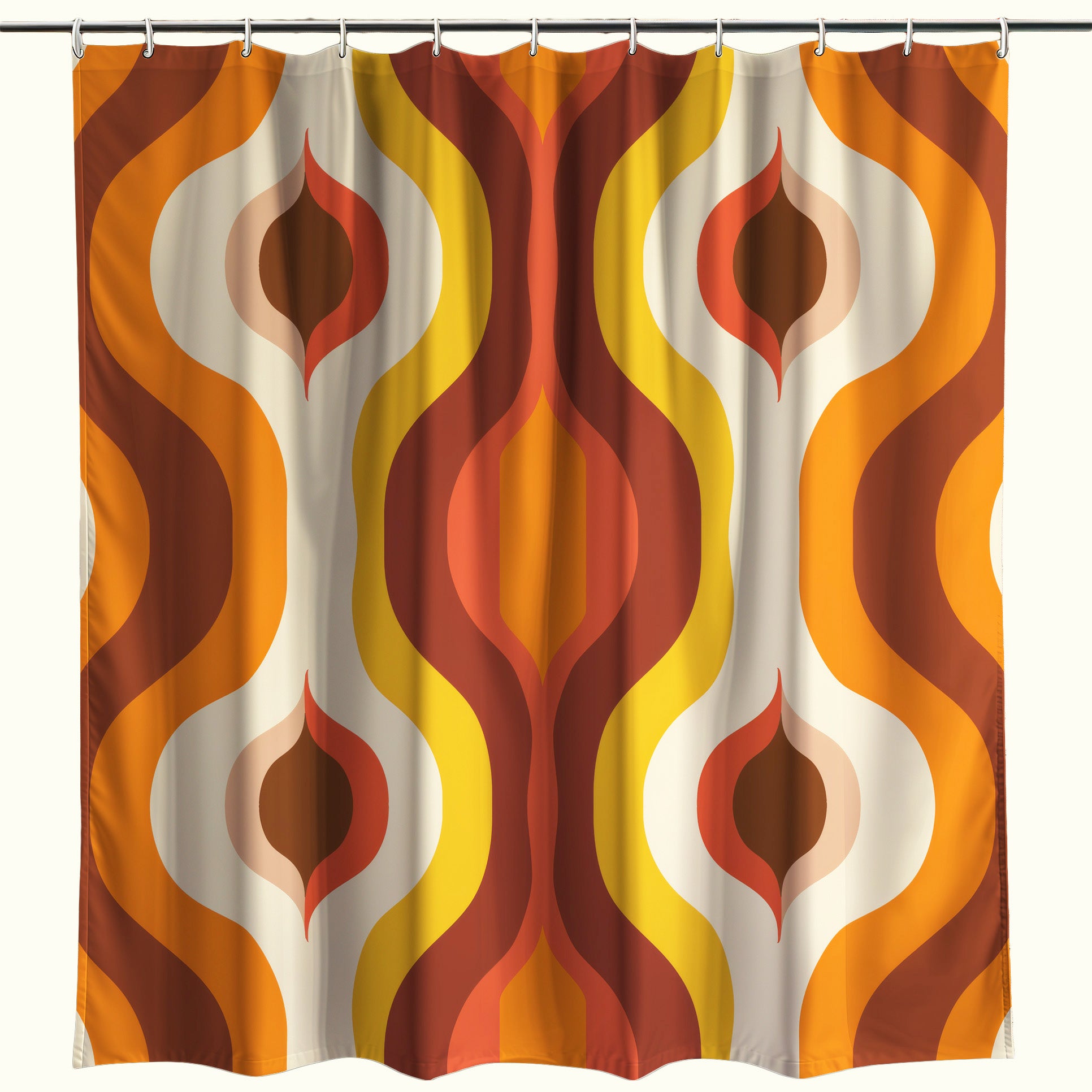 Retro-inspired shower curtain featuring large, overlapping geometric circles in a bold and vibrant color palette, adding a groovy touch to any bathroom decor.