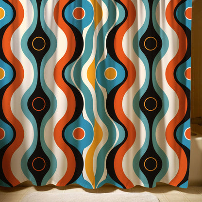 Colorful abstract retro shower curtain with a lively pattern of wavy lines and contrasting teardrops and ovals, perfect for a fresh and bold bathroom statement.