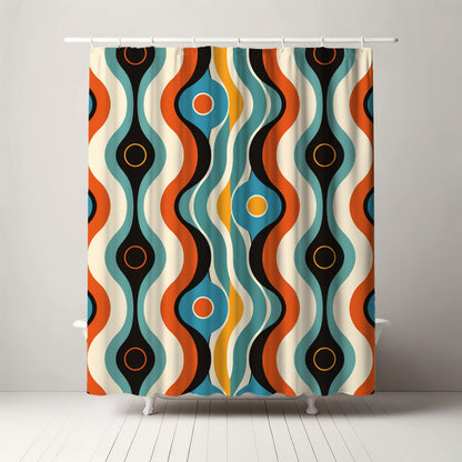 Vibrant shower curtain featuring a 60s-inspired psychedelic pattern with wavy lines and bold circles in teal, orange, and yellow for a striking bathroom statement.