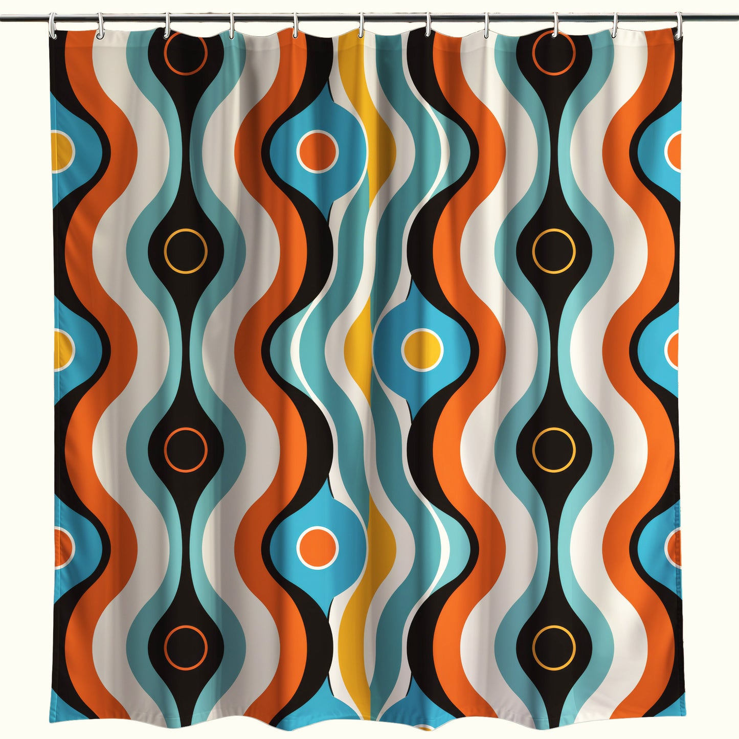 Modern retro-inspired shower curtain featuring a fluid, wavy pattern with vibrant teardrops and ovals in shades of orange, aqua, black, and cream, adding a dynamic and colorful touch to bathroom decor