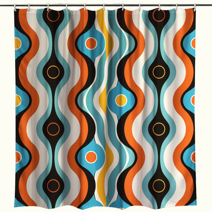 Modern retro-inspired shower curtain featuring a fluid, wavy pattern with vibrant teardrops and ovals in shades of orange, aqua, black, and cream, adding a dynamic and colorful touch to bathroom decor